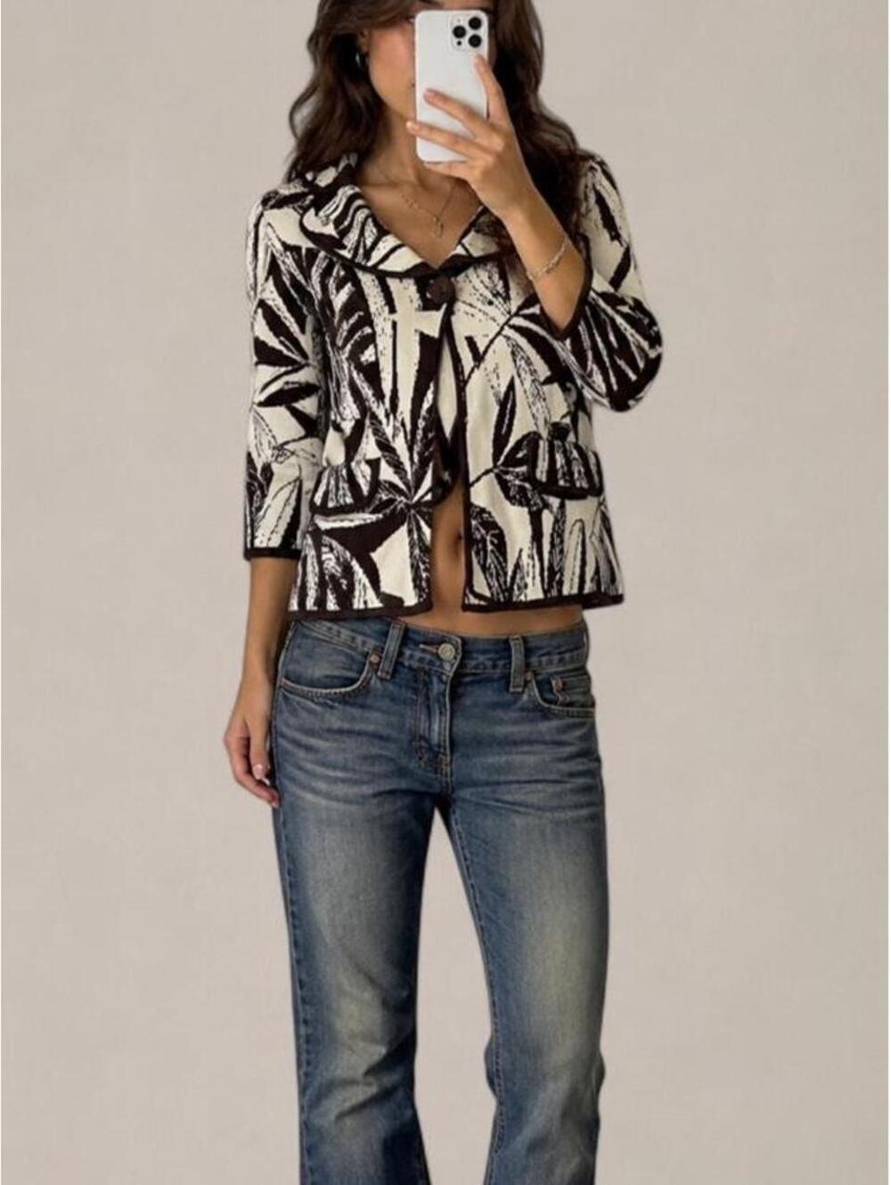 Chico’s Brown & Cream Tropical Knit Jacket — Size 0